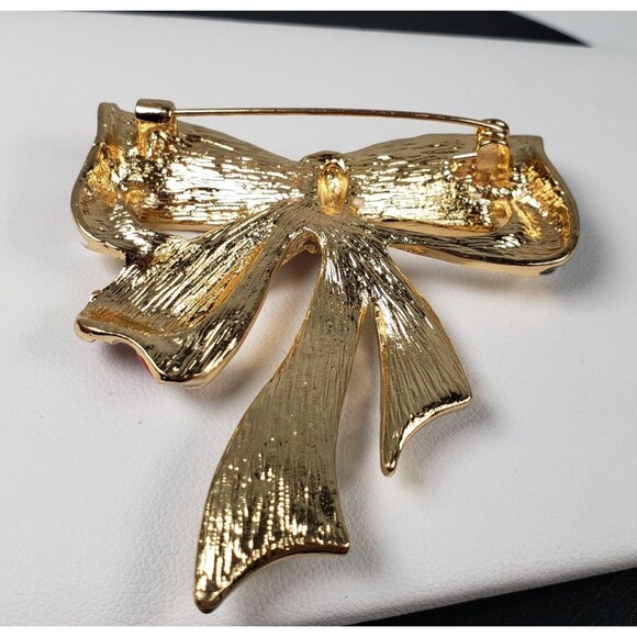 Red White & Blue Enamel Striped Gold Bow Rhinestones and Gold Stars Brooch - Picture 12 of 16